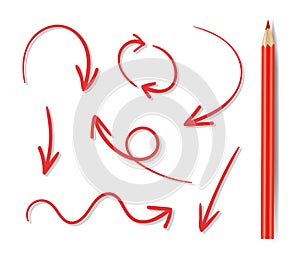 Vector Set of Hand Drawn Arrown and Red Pencil, Icons with Shadows Isolated.