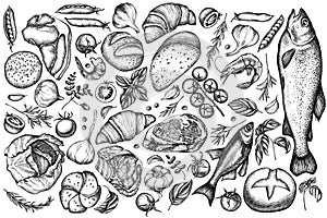 Vector set of hand drawn black and white garlic, cherry tomatoes, peas, fish, shrimp, cabbage, beef, buns and bread