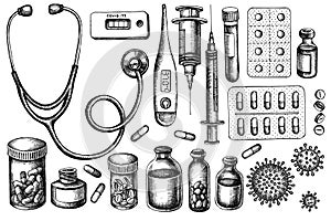 Vector set of hand drawn black and white vial of blood, pills and medicines, medical thermometer, coronavirus rapid test