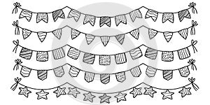 Vector Set of Hand-Drawn Bunting Flags. Doodle Garland with lines, waves line, Polka Dots. Perfect for Holiday