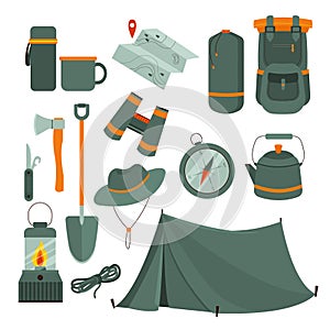 Vector set of hand drawn camping icons isolated on white background. Hiking equipment, accessories, tent, compass, map
