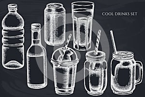 Vector set of hand drawn chalk glass, plastic bottle, bottle of lemonade, smoothie cup, aluminum can, smothie jars