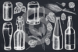 Vector set of hand drawn chalk rye, hop, mug of beer, bottles of beer, aluminum can