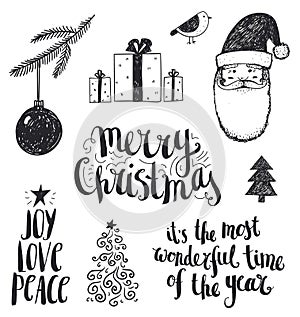 Vector set of hand drawn Christmas illustrations, design elements. Lettering, wishes, trees.