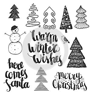 Vector set of hand drawn Christmas illustrations, design elements. Lettering, wishes, trees.