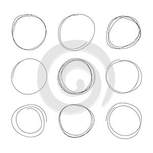 Vector set of hand drawn circles, black lines isolated on white background, circular scribble doodle