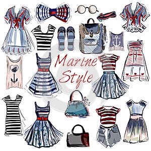 Vector set of hand drawn clothes in marine nautical sstyle photo