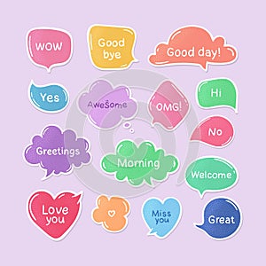 Vector set of hand drawn color think and talk speech bubbles with message, greetings and dialog. Stickers.