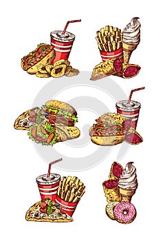 Vector set of hand drawn colored fast food elements