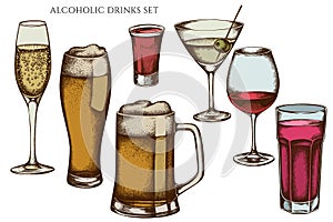 Vector set of hand drawn colored glass, mug of beer, alcohol shot, glass of champagne, glass of wine, glass of martini