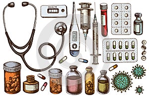 Vector set of hand drawn colored vial of blood, pills and medicines, medical thermometer, coronavirus rapid test