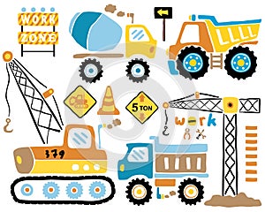 Vector set of hand drawn construction vehicles cartoon
