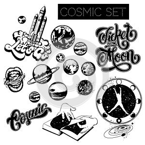 Vector set of hand drawn cosmic illustrations with rocket, planets, handwritten lettering.