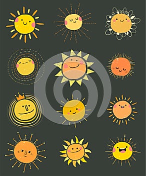 Set of hand drawn vector cute sun icons for summer design