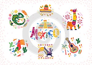 Vektor sada skladajúca sa z ručně malované dekoratívne dojednanie tradičný mexičan symboly a prvky 