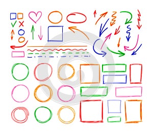 Vector Set of Hand Drawn Design Elements, Highlighter Drawings, Colorful Marker Sketches Isolated on White Backgorund