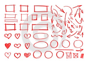 Vector set of hand drawn design elements, red marker strokes, abstract shapes, squares, circles, arrows, hearts.