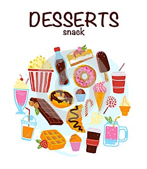 Vector set of hand drawn desserts, snacks & drinks isolated on white background.