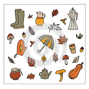 vector set of hand drawn doodle autumn illustrations. Harvest festival. Fall party invitation banner. Happy Thanksgiving card