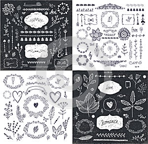 Vector set of hand drawn doodle branches, frames, borders, laurels. Linear romantic wedding collection, graphic design