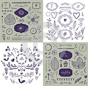 Vector set of hand drawn doodle branches, frames, borders, laurels. Linear romantic wedding collection, graphic design