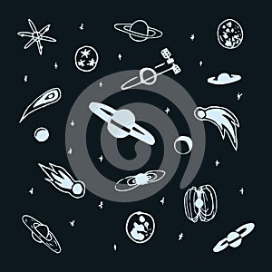 Vector set of hand drawn doodle cosmic object - planet, comet