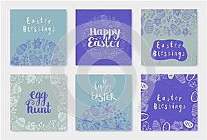 Vector set of hand drawn doodle Easter cards, banners isolated. Flowers, eggs with holiday lettering egg hunt, happy