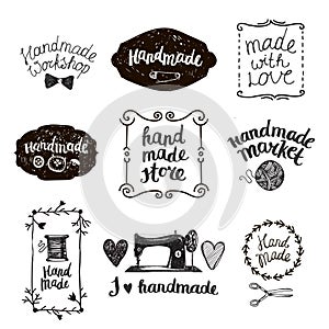 Vector set of hand drawn doodle frames badges. Handmade, workshop