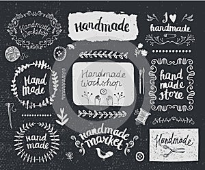 Vector set of hand drawn doodle frames badges. Handmade, workshop