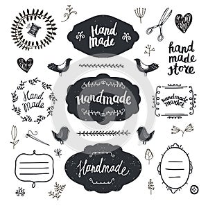 Vector set of hand drawn doodle frames, badges. Handmade, workshop, hand made shop graphic design set.