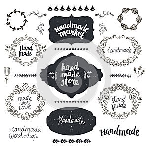 Vector set of hand drawn doodle frames, badges. Handmade, workshop, hand made shop graphic design set.