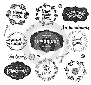 Vector set of hand drawn doodle frames, badges. Handmade, workshop, hand made shop graphic design set. Arts and crafts