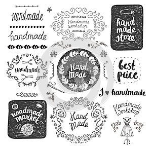 Vector set of hand drawn doodle frames, badges. Handmade, workshop, made shop graphic design .