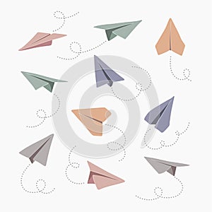 Vector set of hand drawn doodle paper airplane isolated on white background.