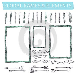 Vector set of hand drawn floral squared and rounded frames and decorative elements and ornaments.