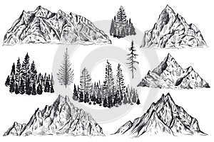 Vector set of hand drawn graphic mountain ranges and pine forest.