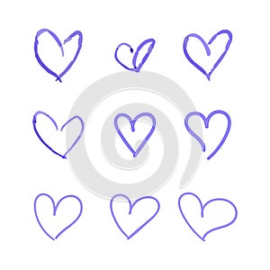 Vector Set of Hand Drawn Hearts, Blue Ballpen Drawings Isolated on White Background, Outline Icons Set.