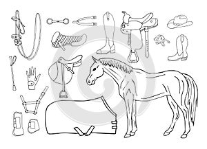 Vector set of hand drawn horse riding equipment