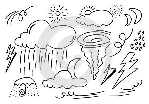 Vector set of hand drawn icons for mobile weather forecast application. Wind, rain, thunderstorm, downpour, hurricane, sun, photo