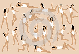 Vector set of  hand drawn  illustration of women in swimsuits made in flat style .