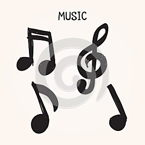 Vector Set of Hand-drawn music notes on white background for design, doodle illustration