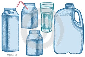 Vector set of hand drawn pastel glass, milk boxes, gallon of milk