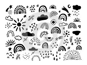 Vector set hand drawn rainbows and sun moon rain