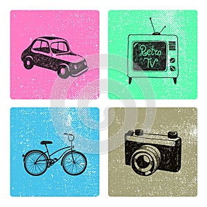 Vector set of hand drawn retro vintage cards with objects.