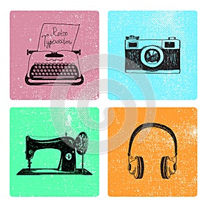Vector set of hand drawn retro vintage cards with objects