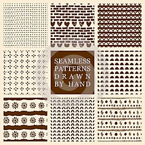 Vector set of hand drawn seamless patterns made with ink. Freehand textures for fabric, polygraphy, web design