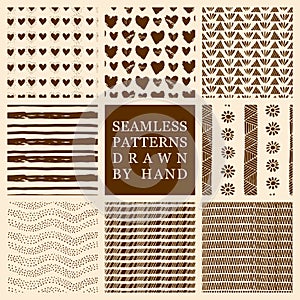 Vector set of hand drawn seamless patterns made with ink. Freehand textures for fabric, polygraphy, web design