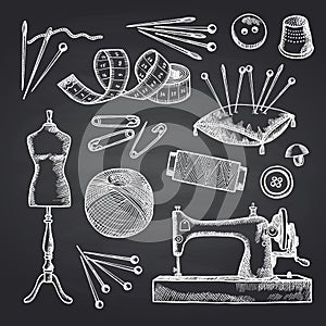 Vector set of hand drawn sewing elements on black chalkboard illustration