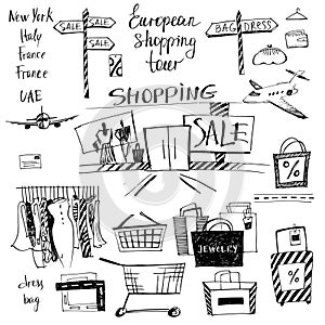 Vector set of hand-drawn for shopping and travel. Discounts, shopping tours to Europe