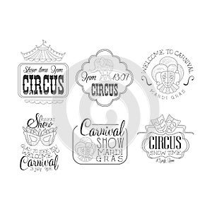 Vector set of hand drawn signs for circus and Mardi Gras carnival. Sketch style emblems with masks, elephant, jesters